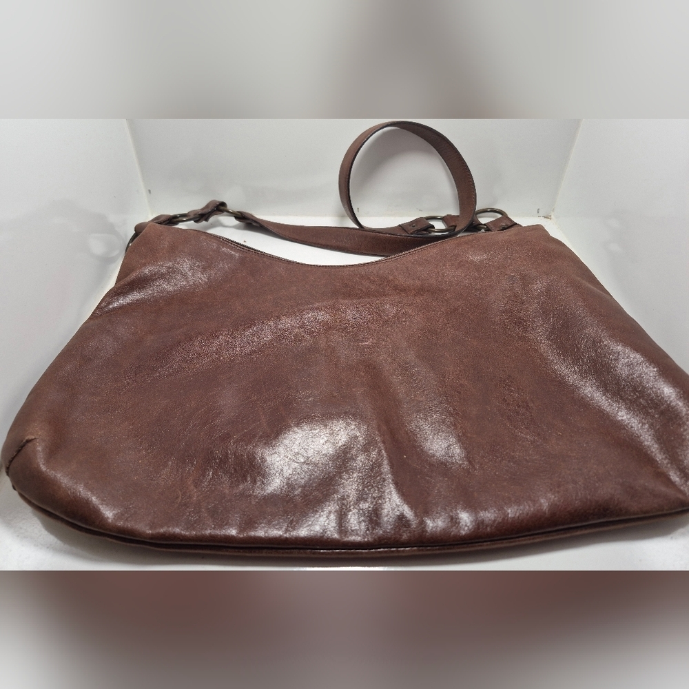 Berge Brown Leather Boho Shoulder Bag, Genuine Leather Made In Italy - Picture 2 of 7